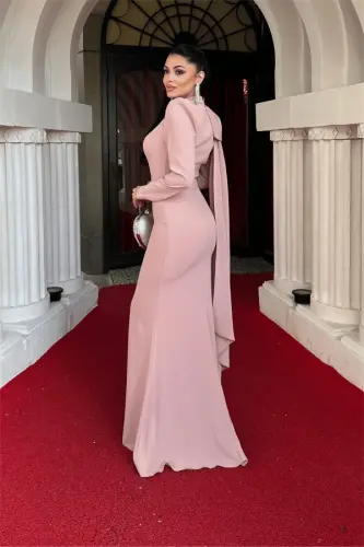 Atlas Fabric Shoulder Shawl Detailed Fish Dress - POWDER - 5