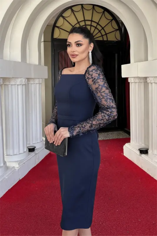 Atlas Fabric Sleeve Beaded Pencil Dress - NAVY BLUE - 3