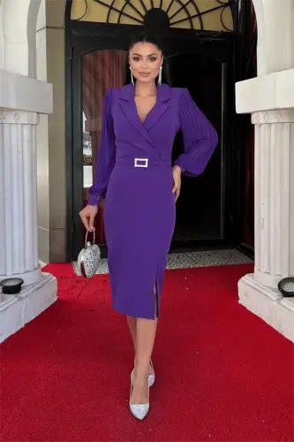Atlas Fabric Sleeve Pleated Detail Jacket Dress - PURPLE - BÜYÜKBEDENIZ (1)