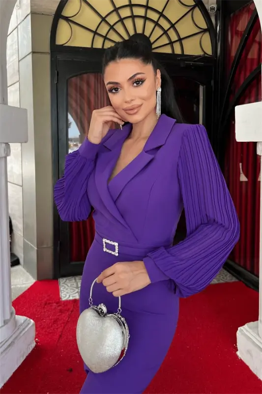 Atlas Fabric Sleeve Pleated Detail Jacket Dress - PURPLE - 3