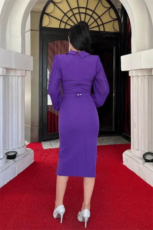 Atlas Fabric Sleeve Pleated Detail Jacket Dress - PURPLE - 5