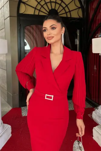 Atlas Fabric Sleeved Pleated Detail Jacket Dress - RED - 3