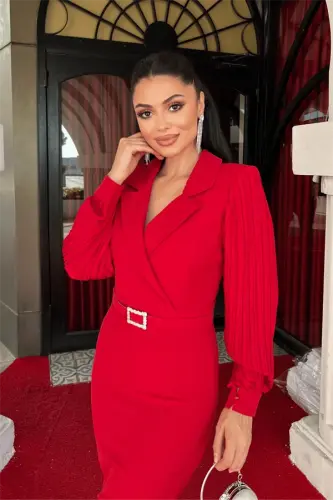 Atlas Fabric Sleeved Pleated Detail Jacket Dress - RED - 7