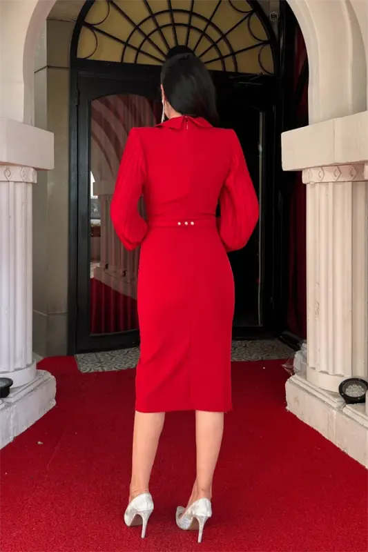 Atlas Fabric Sleeved Pleated Detail Jacket Dress - RED - 5