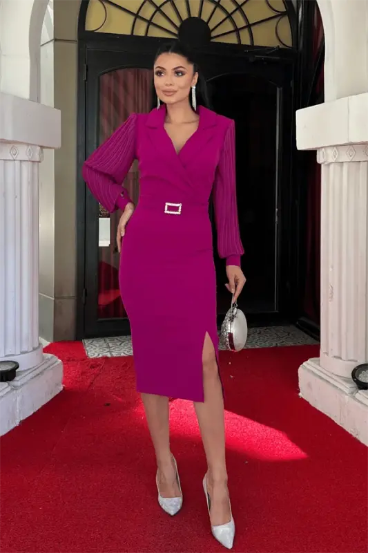 Atlas Fabric Sleeves Pleated Detail Jacket Dress - FUCHSIA - 1