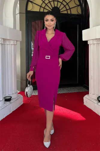 Atlas Fabric Sleeves Pleated Detail Jacket Dress - FUCHSIA - BÜYÜKBEDENIZ (1)