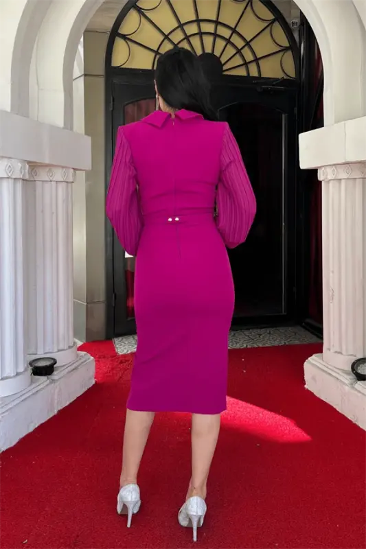 Atlas Fabric Sleeves Pleated Detail Jacket Dress - FUCHSIA - 5