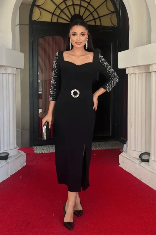 Atlas Fabric Sleeves Stone Detailed Pencil Dress - BLACK - BÜYÜKBEDENIZ