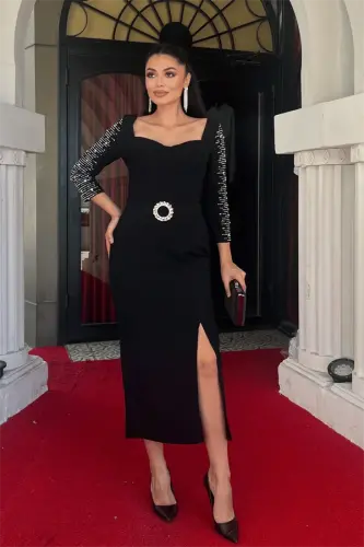 Atlas Fabric Sleeves Stone Detailed Pencil Dress - BLACK - BÜYÜKBEDENIZ (1)