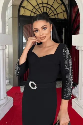 Atlas Fabric Sleeves Stone Detailed Pencil Dress - BLACK - 4