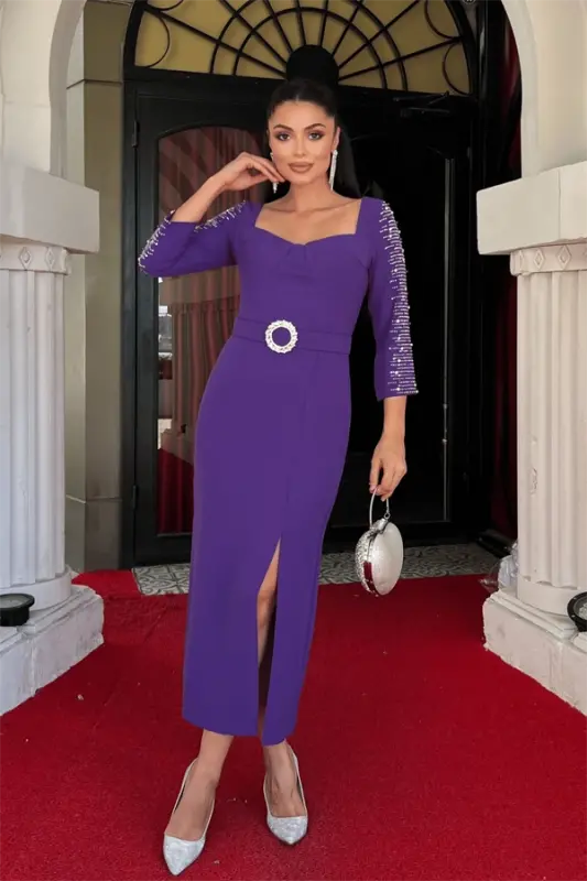 Atlas Fabric Sleeves Stone Detailed Pencil Dress - PURPLE - 1