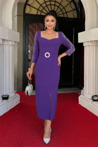 Atlas Fabric Sleeves Stone Detailed Pencil Dress - PURPLE - BÜYÜKBEDENIZ (1)