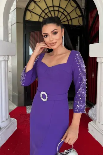 Atlas Fabric Sleeves Stone Detailed Pencil Dress - PURPLE - 3