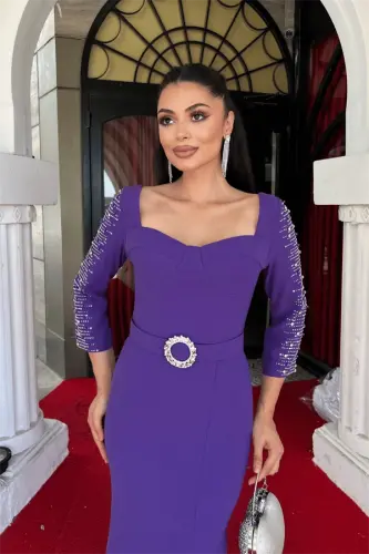 Atlas Fabric Sleeves Stone Detailed Pencil Dress - PURPLE - 4