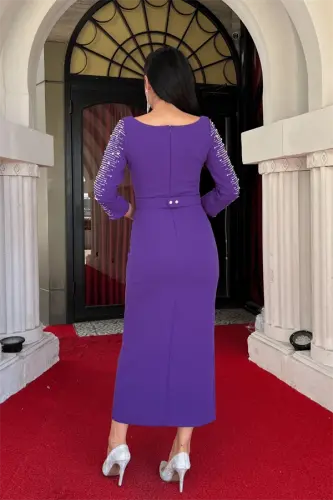 Atlas Fabric Sleeves Stone Detailed Pencil Dress - PURPLE - 5