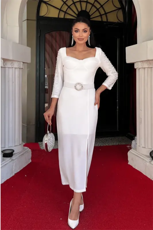 Atlas Fabric Sleeves Stone Detailed Pencil Dress - WHITE - 1