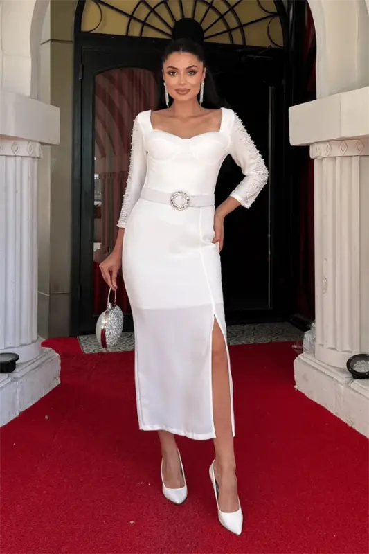 Atlas Fabric Sleeves Stone Detailed Pencil Dress - WHITE - 2