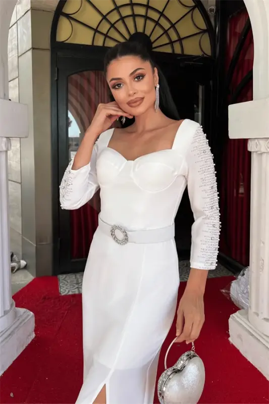 Atlas Fabric Sleeves Stone Detailed Pencil Dress - WHITE - 3