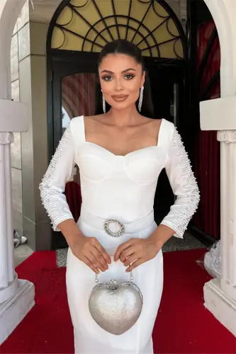 Atlas Fabric Sleeves Stone Detailed Pencil Dress - WHITE - 4