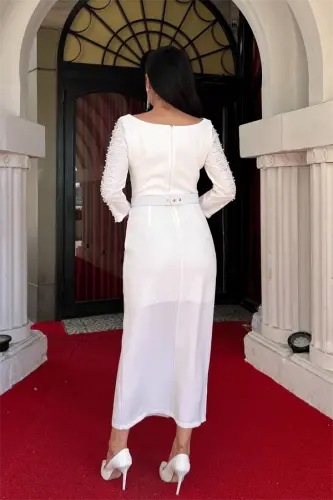 Atlas Fabric Sleeves Stone Detailed Pencil Dress - WHITE - 5