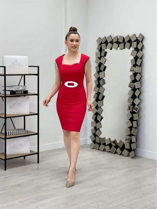 Atlas Fabric Square Neck Shoulder Stone Tassel Dress - RED - BÜYÜKBEDENIZ