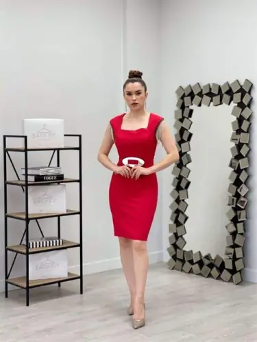 Atlas Fabric Square Neck Shoulder Stone Tassel Dress - RED - BÜYÜKBEDENIZ (1)