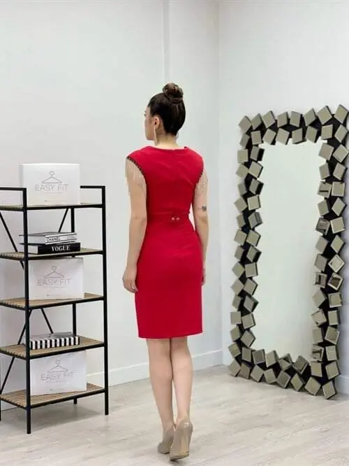 Atlas Fabric Square Neck Shoulder Stone Tassel Dress - RED - 5