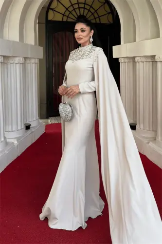 Atlas Fabric Stone Detailed Cape Fish Dress - BEIGE - BÜYÜKBEDENIZ (1)