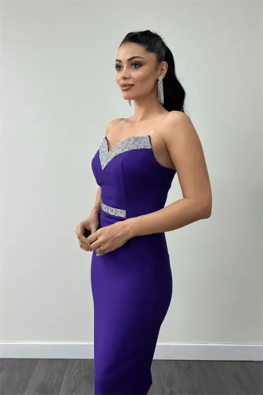 Atlas Fabric Stone Detailed Embroidery Detailed Pencil Dress - PURPLE - 2