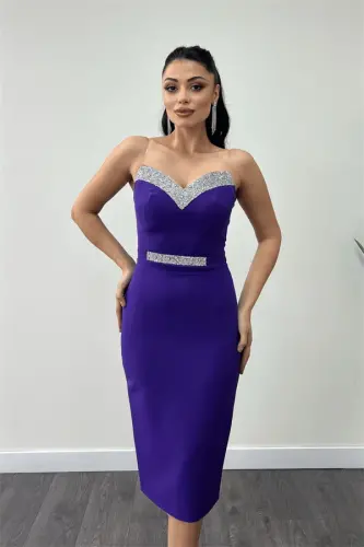 Atlas Fabric Stone Detailed Embroidery Detailed Pencil Dress - PURPLE - 3