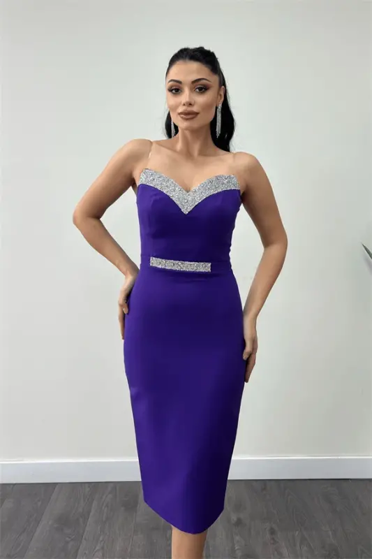 Atlas Fabric Stone Detailed Embroidery Detailed Pencil Dress - PURPLE - 3