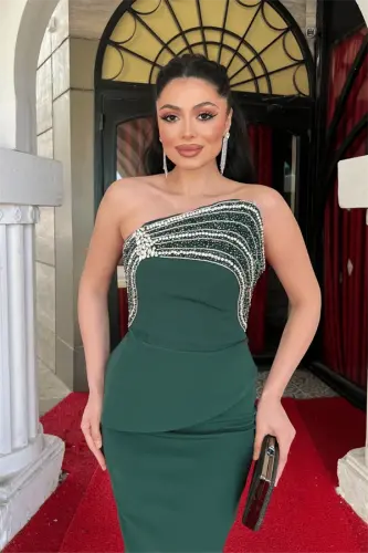 Atlas Fabric Stone Detailed Evening Dress - EMERALD GREEN - 3