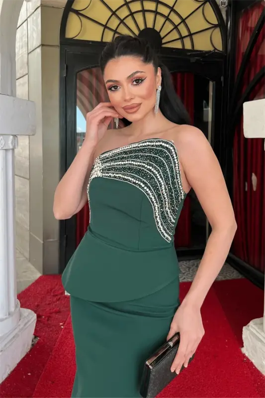 Atlas Fabric Stone Detailed Evening Dress - EMERALD GREEN - 4