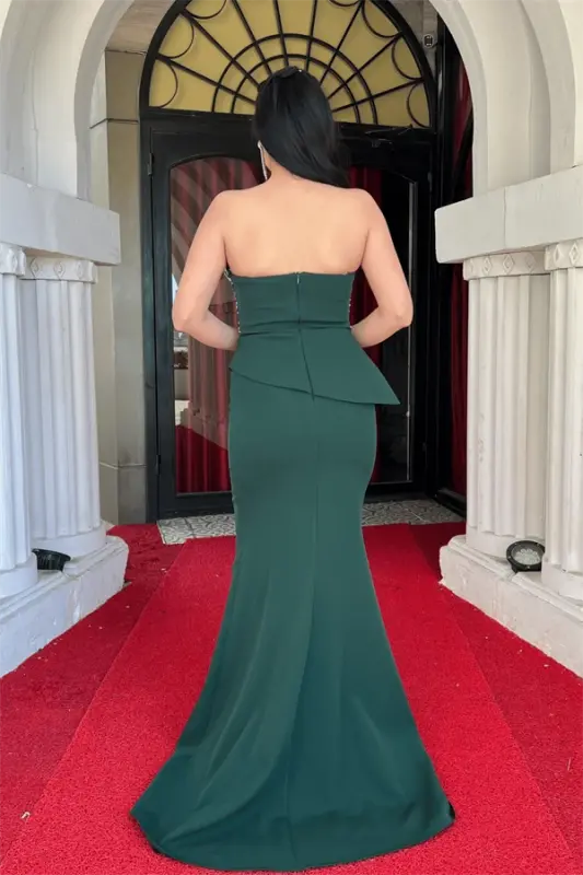 Atlas Fabric Stone Detailed Evening Dress - EMERALD GREEN - 5