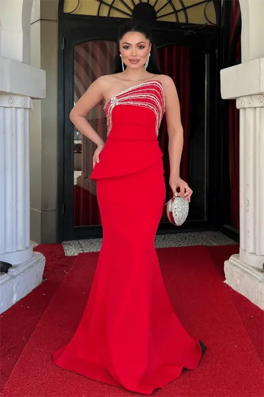 Atlas Fabric Stone Detailed Evening Dress - RED - BÜYÜKBEDENIZ