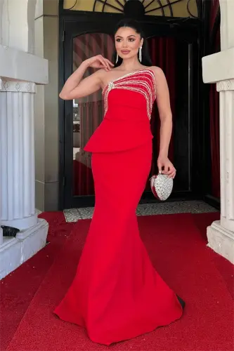 Atlas Fabric Stone Detailed Evening Dress - RED - BÜYÜKBEDENIZ (1)