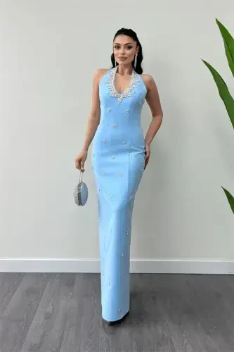 Atlas Fabric Stone Detailed Halter Neck Evening Dress - BABY BLUE - 1