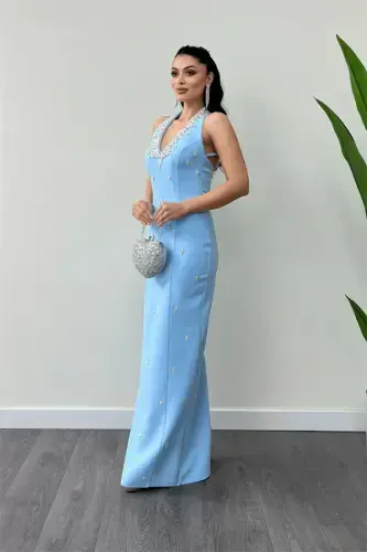 Atlas Fabric Stone Detailed Halter Neck Evening Dress - BABY BLUE - BÜYÜKBEDENIZ (1)