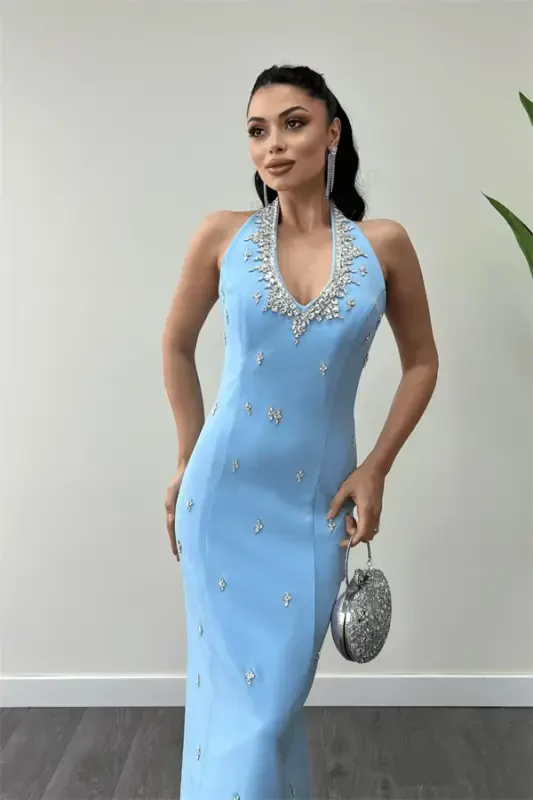Atlas Fabric Stone Detailed Halter Neck Evening Dress - BABY BLUE - 3
