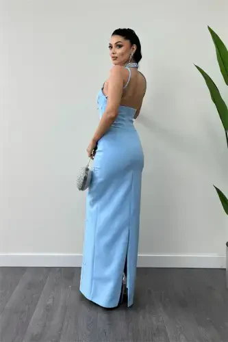 Atlas Fabric Stone Detailed Halter Neck Evening Dress - BABY BLUE - 5