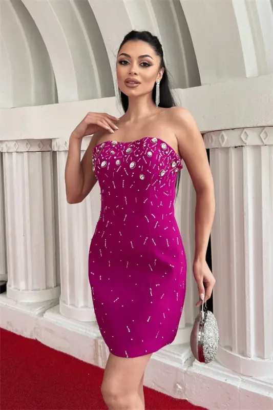 Atlas Fabric Stone Detailed Mini Dress - FUCHSIA - BÜYÜKBEDENIZ