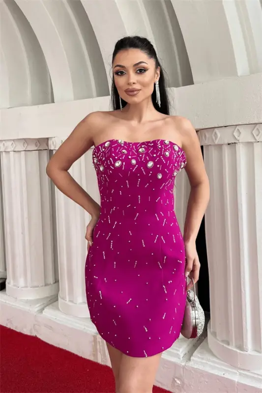 Atlas Fabric Stone Detailed Mini Dress - FUCHSIA - 5