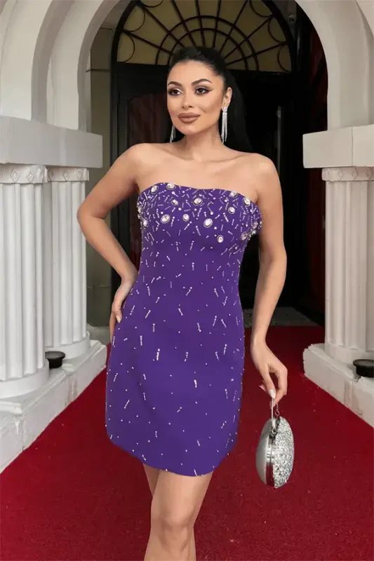 Atlas Fabric Stone Detailed Mini Dress - PURPLE - BÜYÜKBEDENIZ