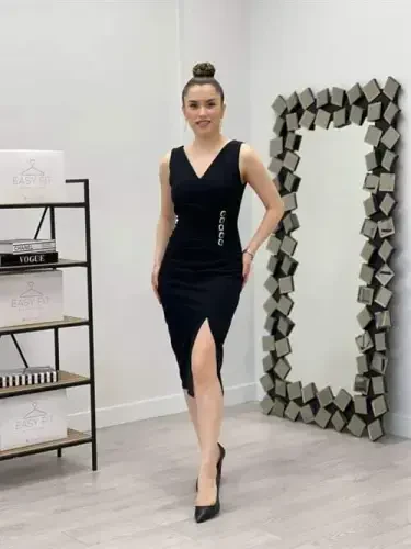 Atlas Fabric Stone Detailed Pencil Dress - BLACK - 1