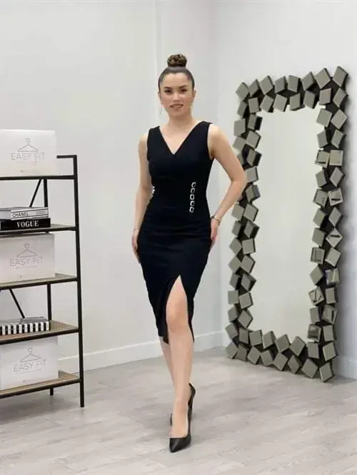 Atlas Fabric Stone Detailed Pencil Dress - BLACK - 1