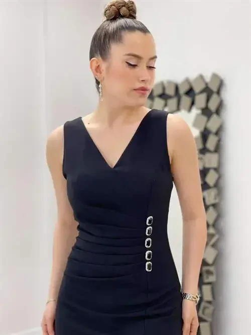 Atlas Fabric Stone Detailed Pencil Dress - BLACK - 3