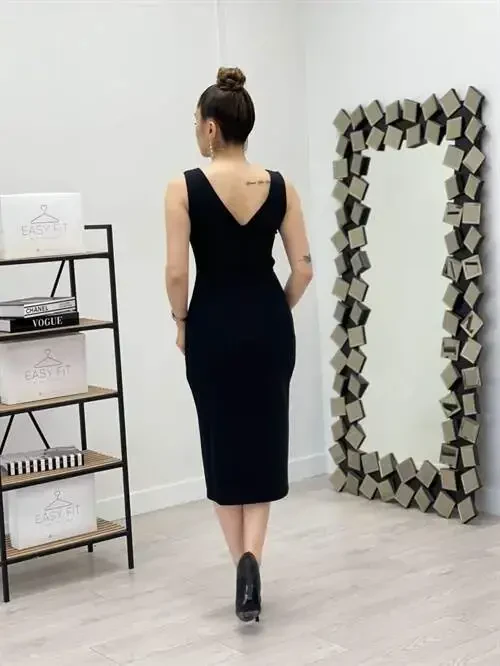 Atlas Fabric Stone Detailed Pencil Dress - BLACK - 5