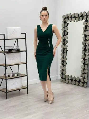 Atlas Fabric Stone Detailed Pencil Dress - EMERALD GREEN - 2