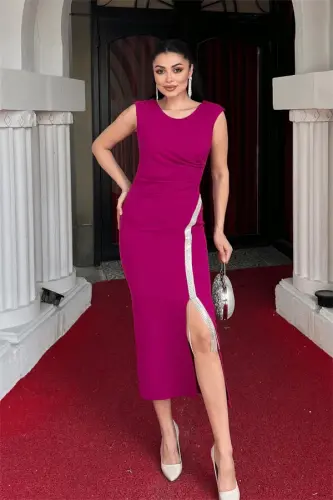 Atlas Fabric Stone Detailed Pencil Dress - FUCHSIA - 1