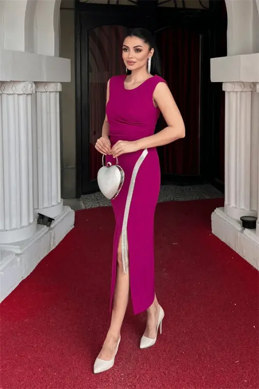 Atlas Fabric Stone Detailed Pencil Dress - FUCHSIA - 2